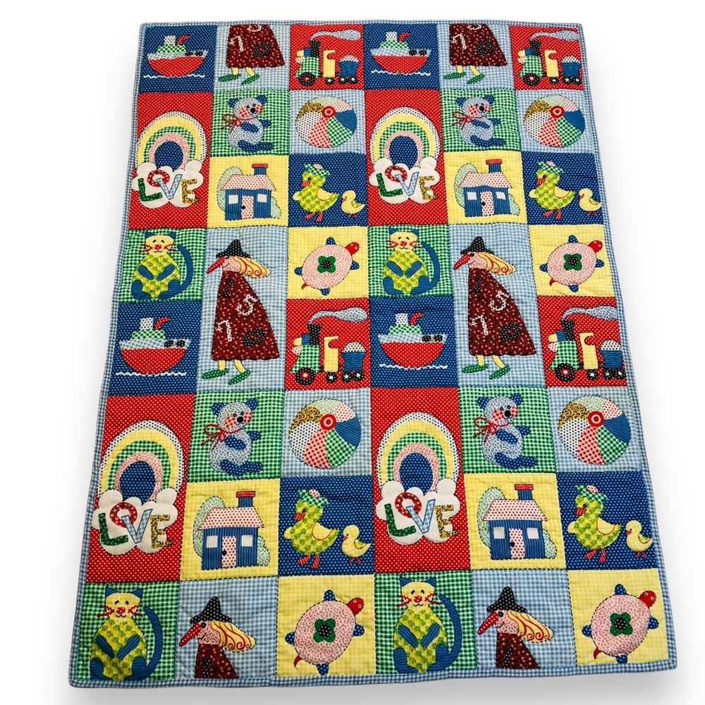VTG Patch Nursery Print Children Baby Quilt Blanket Wall Hanging Farmhouse 43x59